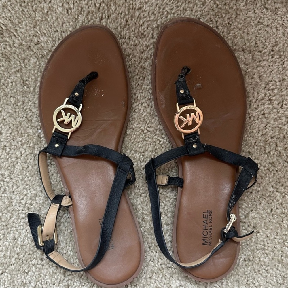 Michael Kors Black and Brown Sandals with Gold Accents